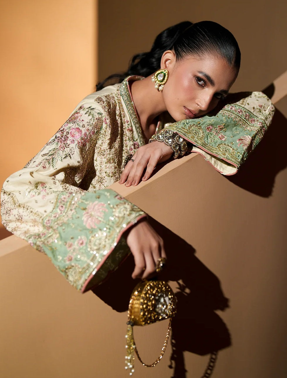 ETHNC ANTIQUE WHITE | E1210/104/006 Luxury Silk Embroidered 3Pc Unstitched Kaftan Suit PA-205