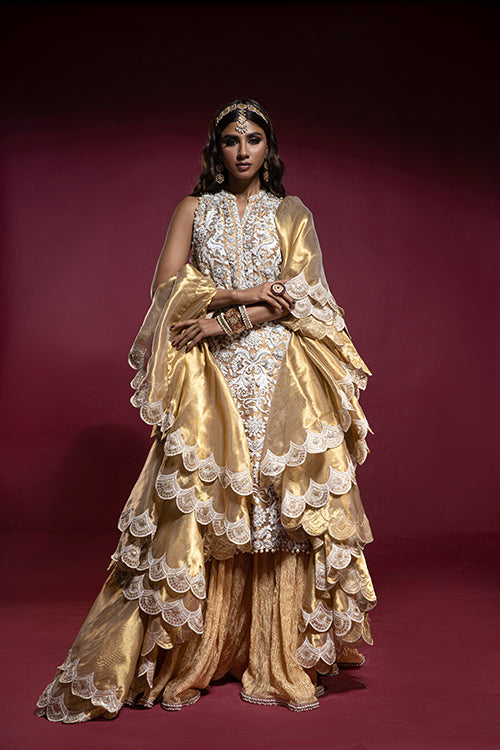 Gold Lamé Kameez with Ivory Embroidery, Crushed Lehnga and Ruffled Dupatta