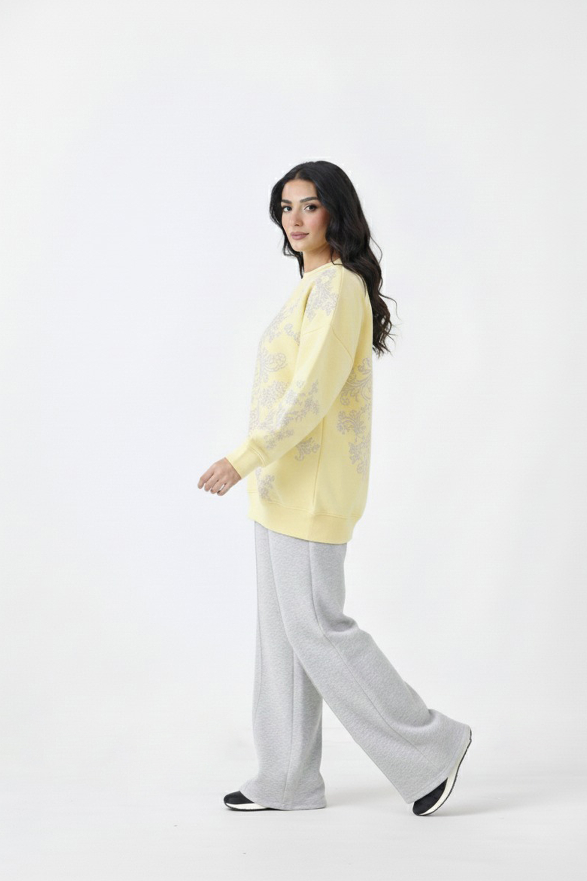 Loose Fit Fleece Sweatshirt with Emboss Print (Yellow)