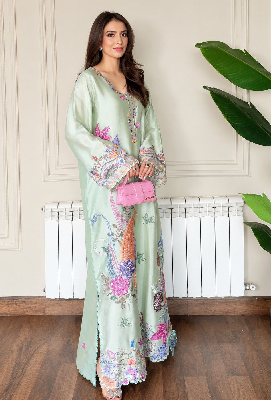 Zinnia Fatima Mustafa – Minal Mint Luxury Embroidered Sheesha Silk 3Pc Unstitched Kaftan Suit PA-154