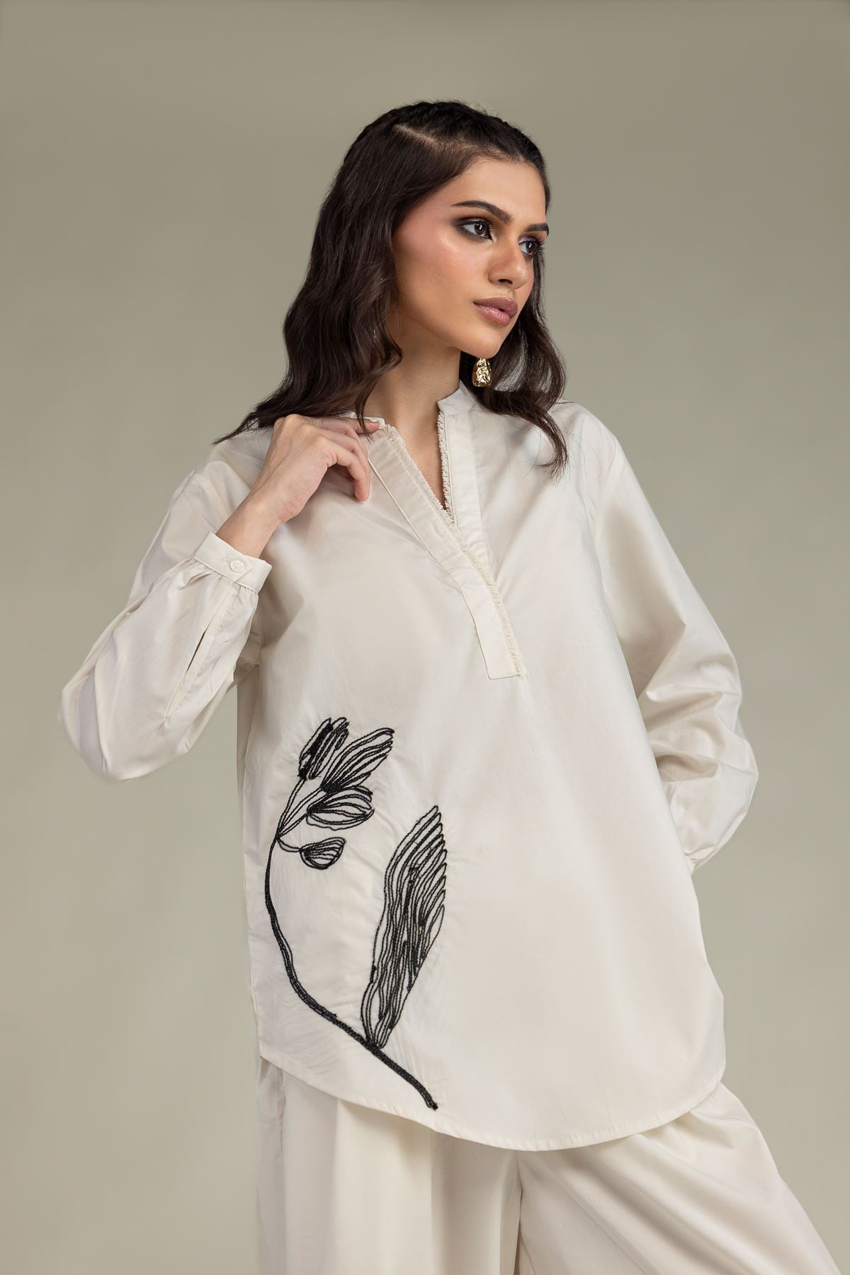 Floral Band-Collar Shirt