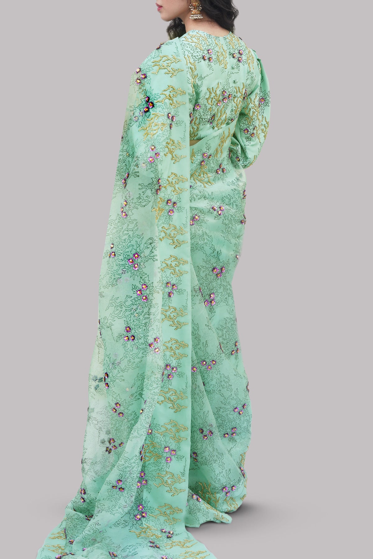 Brook Green Block Printed & Embellished Organza Sari