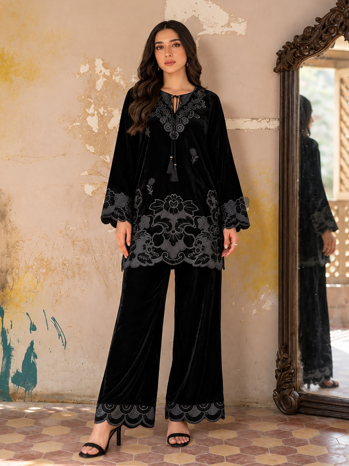 FW26DA-3013 BLACK 2PCS EMBROIDERED KURTA WITH TROUSER
