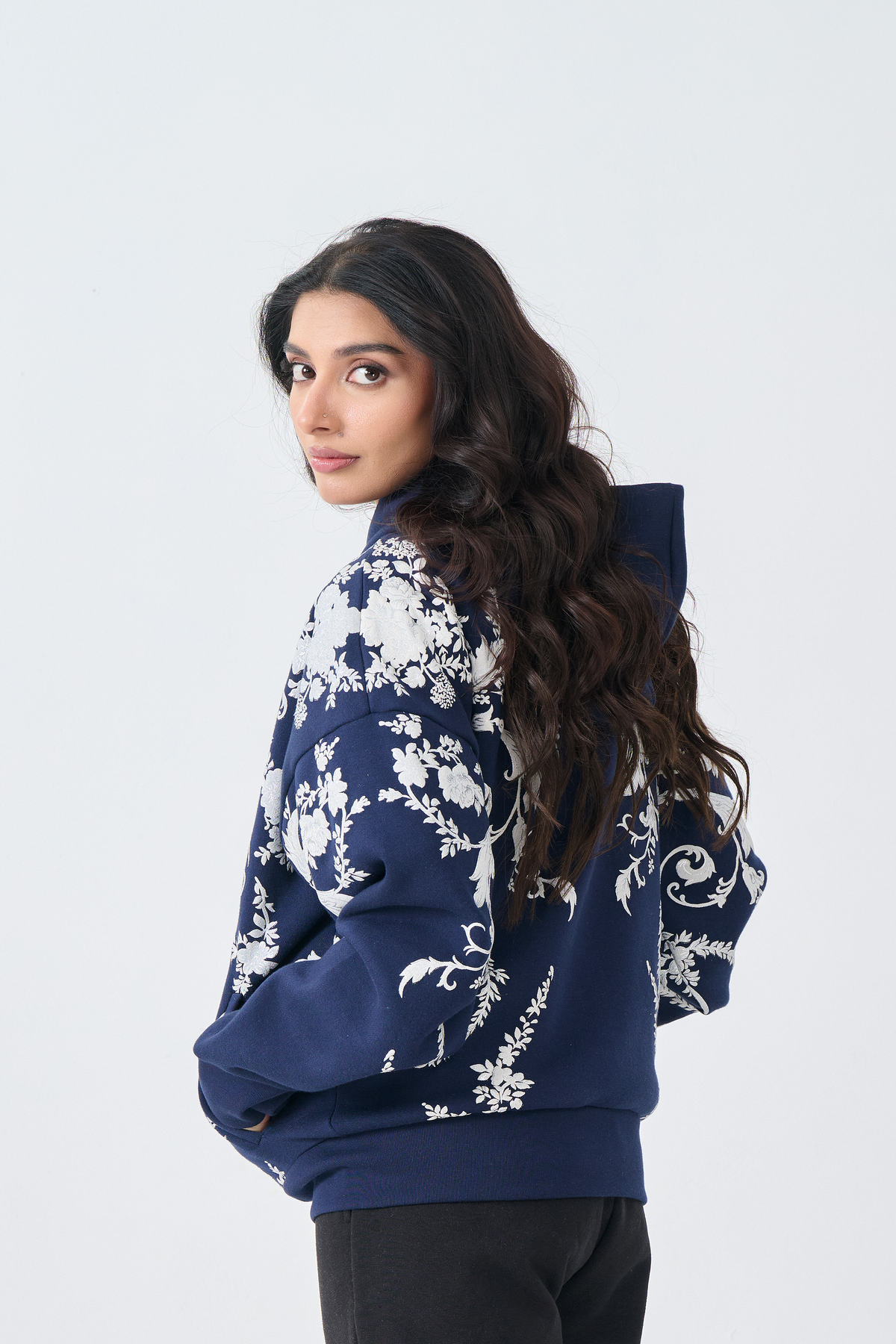 Loose Fit Fleece Zipper Hoodie with emboss print (Navy Blue)
