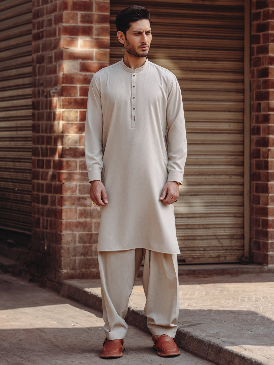 Beige Blended Kameez Shalwar - AL-KS-3195