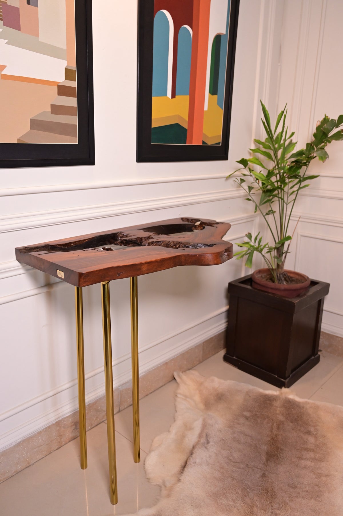 Sheesham live edge hanging console with 3 golden stainless steel metal legs 2104