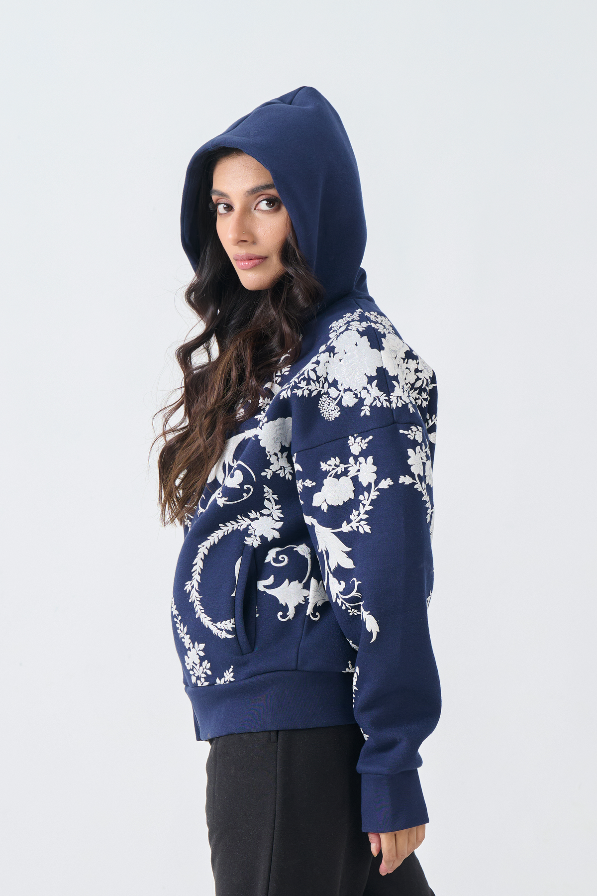 Loose Fit Fleece Zipper Hoodie with emboss print (Navy Blue)
