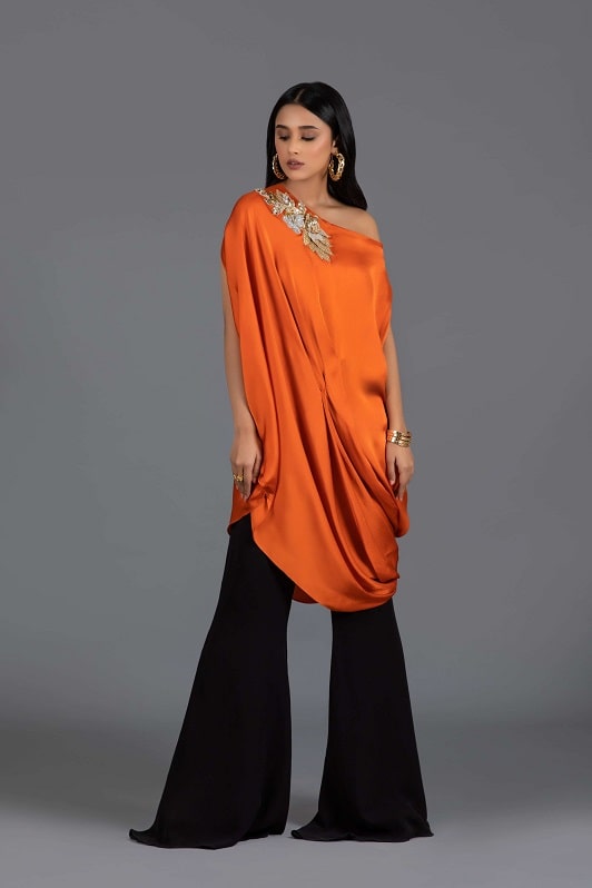 Draped Burnt Orange Top with Three Dimensional Motif