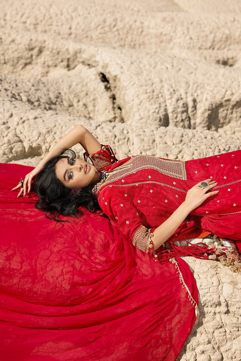 3 Piece Unstitched Embroidered Raw Silk Suit with Gold Lacquer Embroidered Printed Chiffon Dupatta