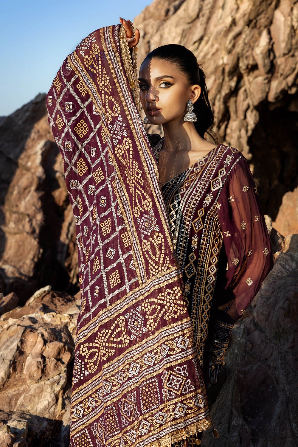 3 Piece Unstitched Embroidered Chiffon Suit with Gold Silver Printed Chiffon Dupatta