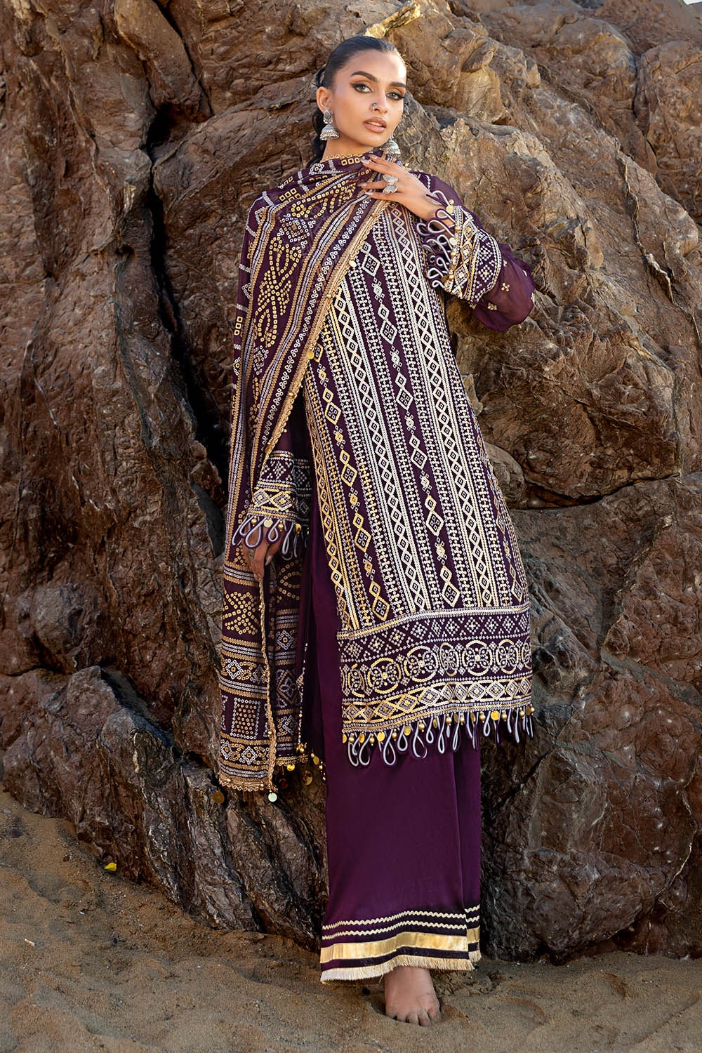3 Piece Unstitched Embroidered Chiffon Suit with Gold Silver Printed Chiffon Dupatta