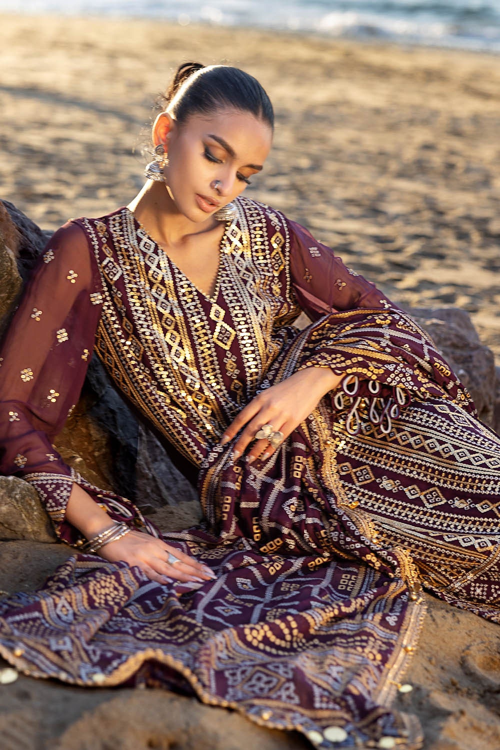 3 Piece Unstitched Embroidered Chiffon Suit with Gold Silver Printed Chiffon Dupatta