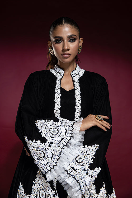 Black Velvet Coat with Trouser and Bustier Top