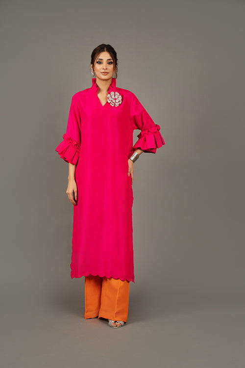 Hotpink Rawsilk Long Tunic with Flared Pants