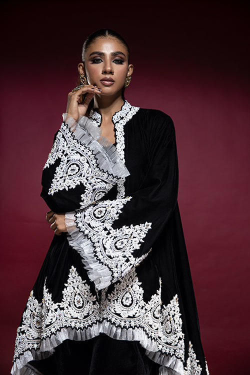 Black Velvet Coat with Trouser and Bustier Top