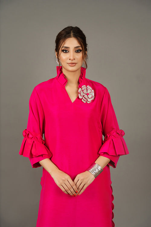 Hotpink Rawsilk Long Tunic with Flared Pants