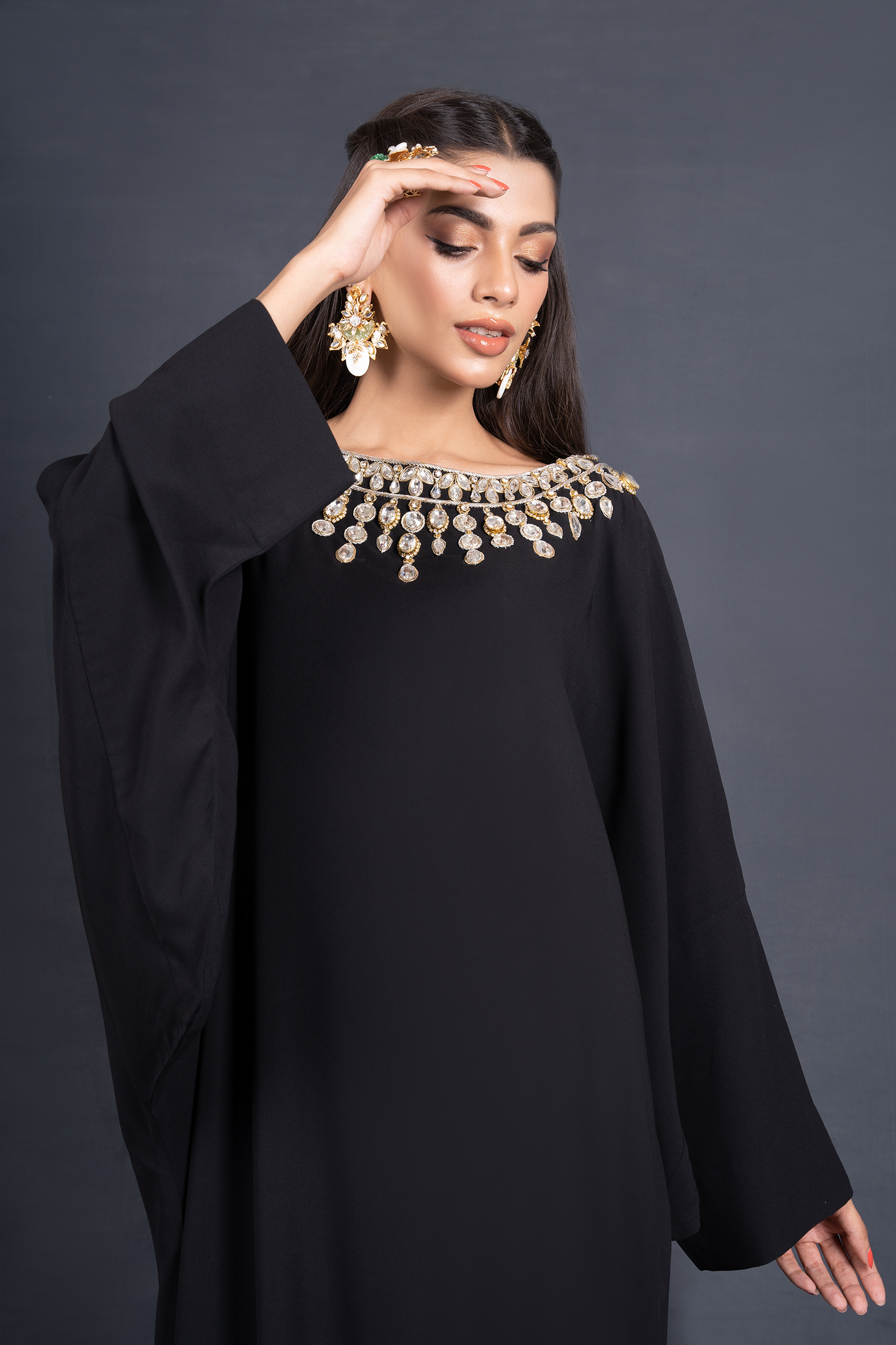 Bat Sleeved Kaftan with Crystal Embellished Neckline