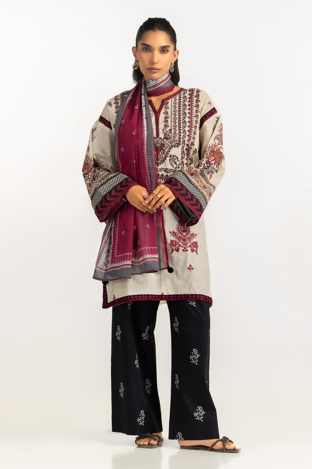 3PC Cambric Embroidered Suit With Printed Scarf