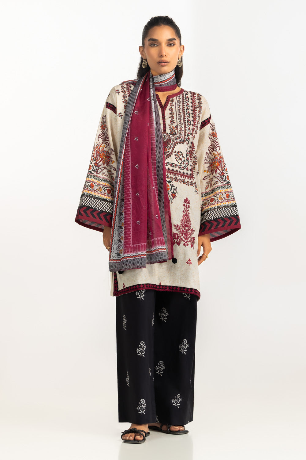 3PC Cambric Embroidered Suit With Printed Scarf