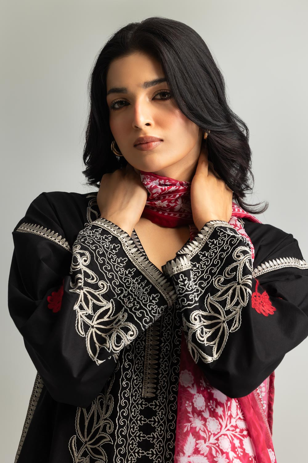 3Pc Cambric Embroidered Suit With Scarf