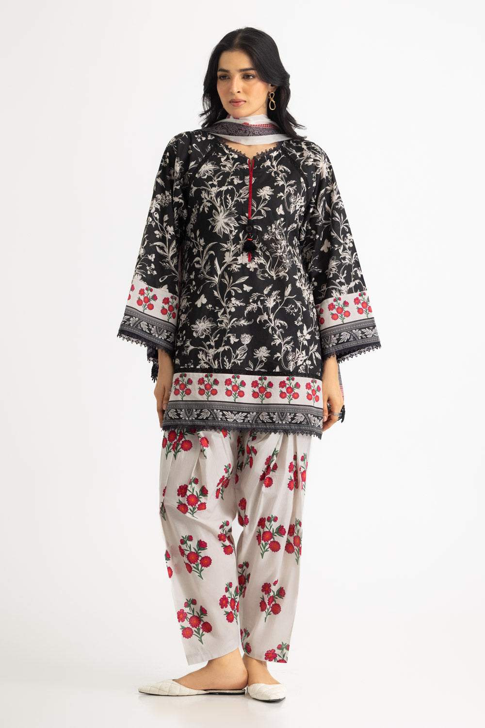 3Pc Cambric Printed Shirt And Trouser With Printed Scarf