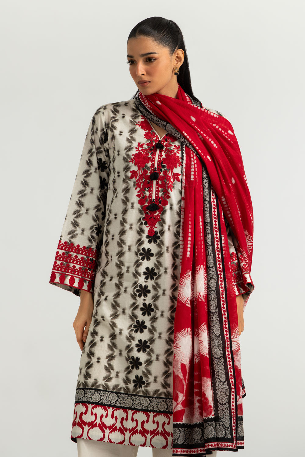 3PC Cambric Printed Suit With Embroidered