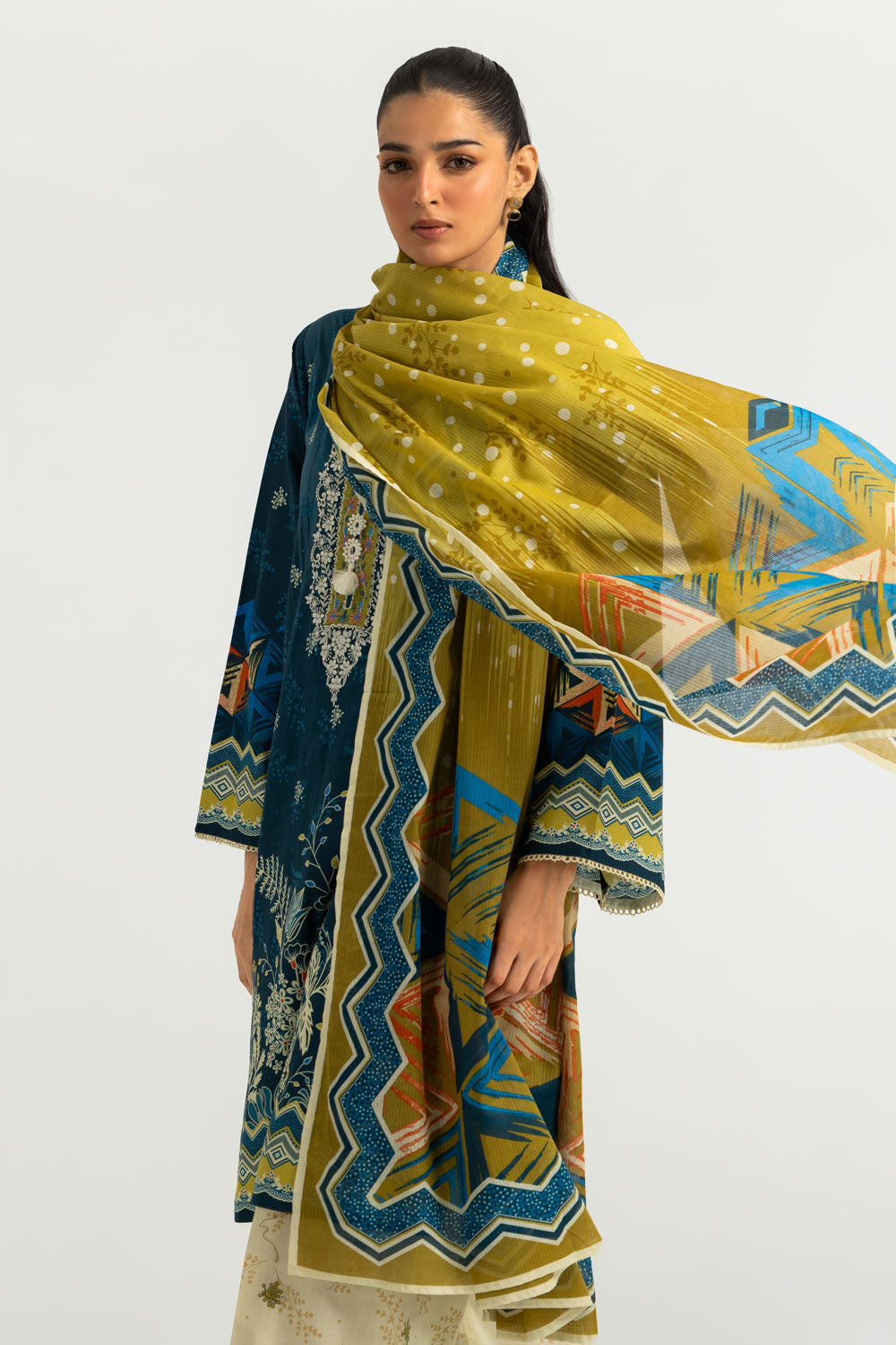 3PC Cambric Printed Suit With Embroidered