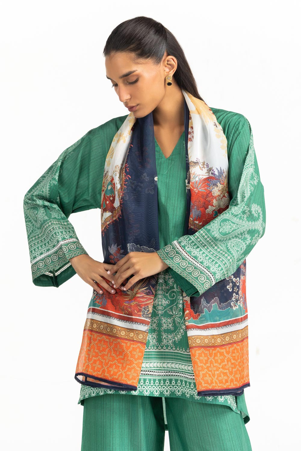 3PC Cambric Printed Suit With Scarf