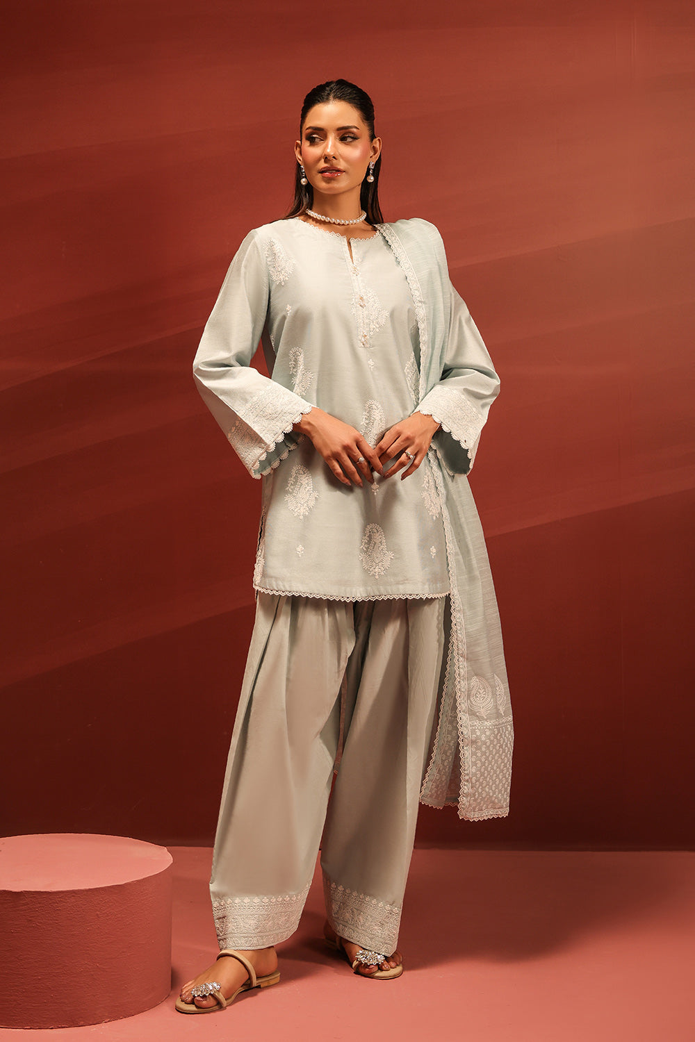 3PC Cotton Embroidered Suit