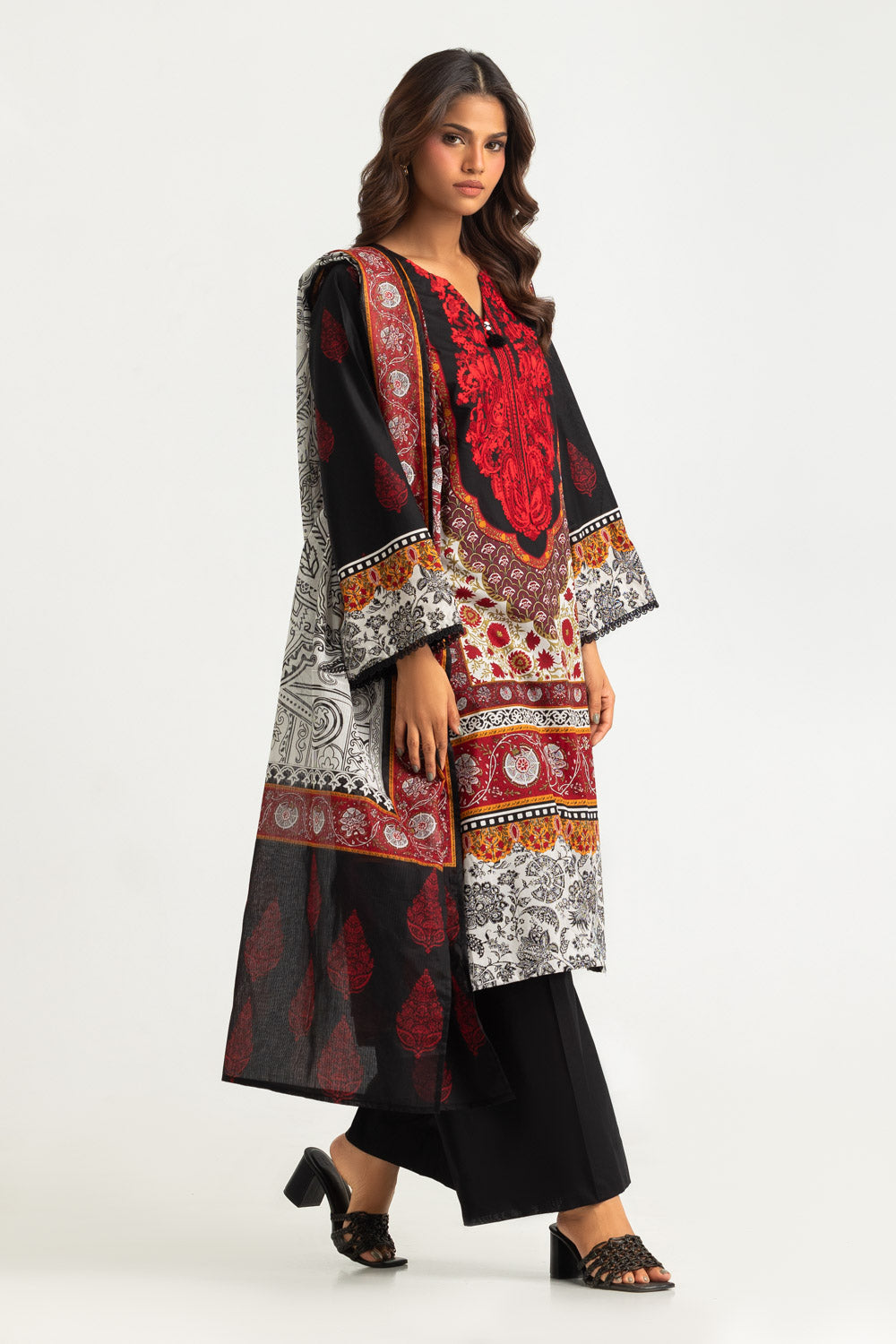 3PC Cotton Printed Suit With Embroidered