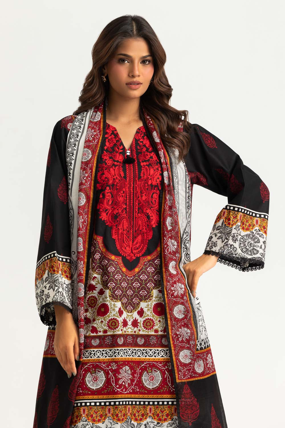 3PC Cotton Printed Suit With Embroidered