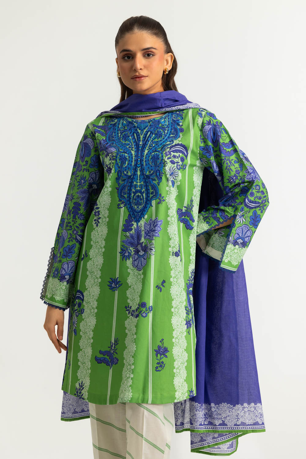 3PC Cotton Printed Suit With Embroidered