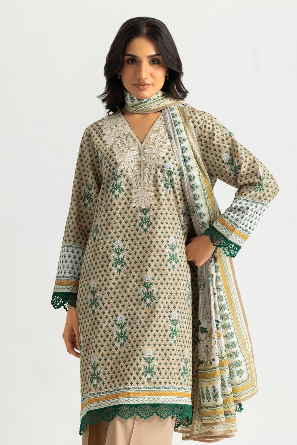 3PC Cotton Printed Suit With Embroidered