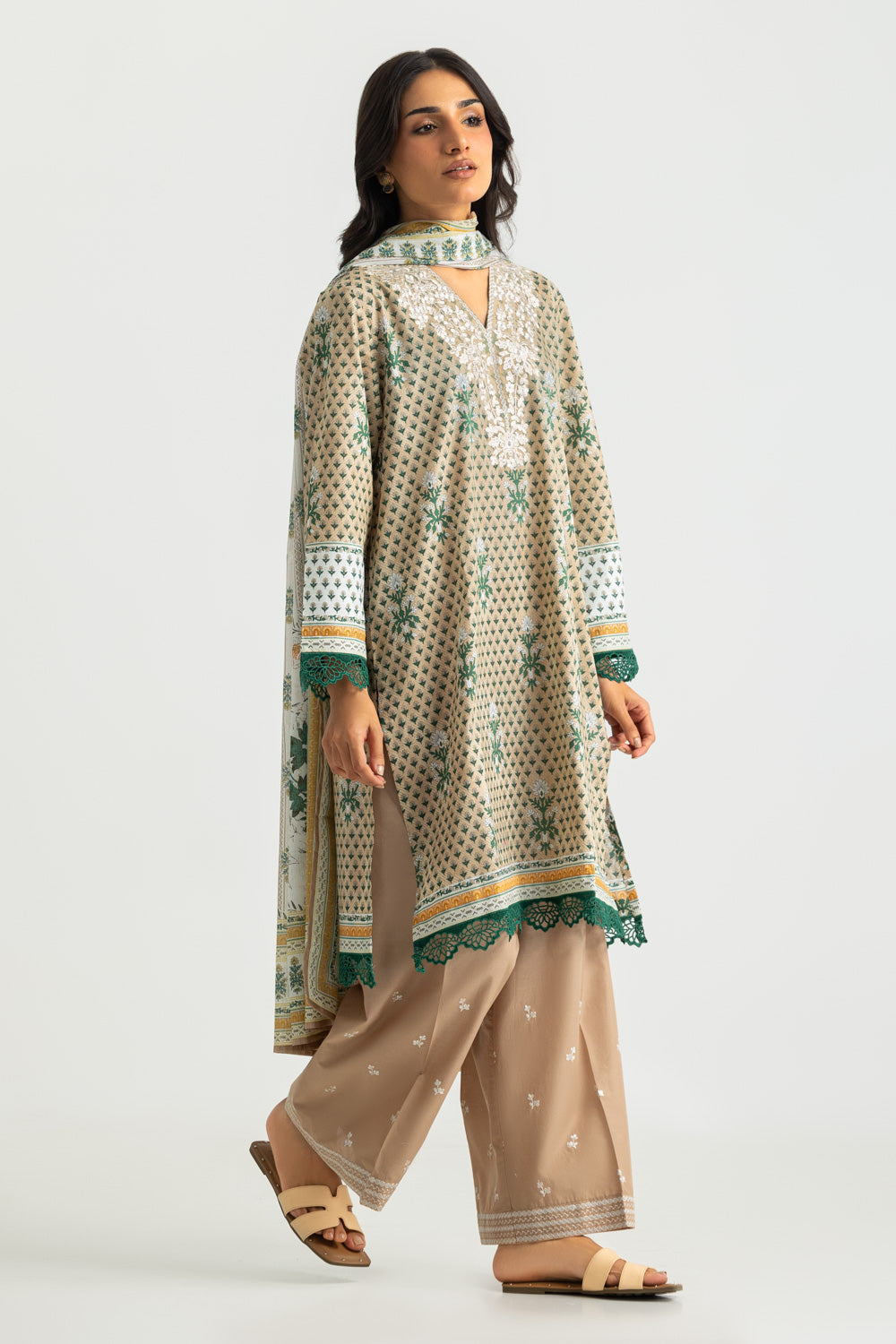 3PC Cotton Printed Suit With Embroidered