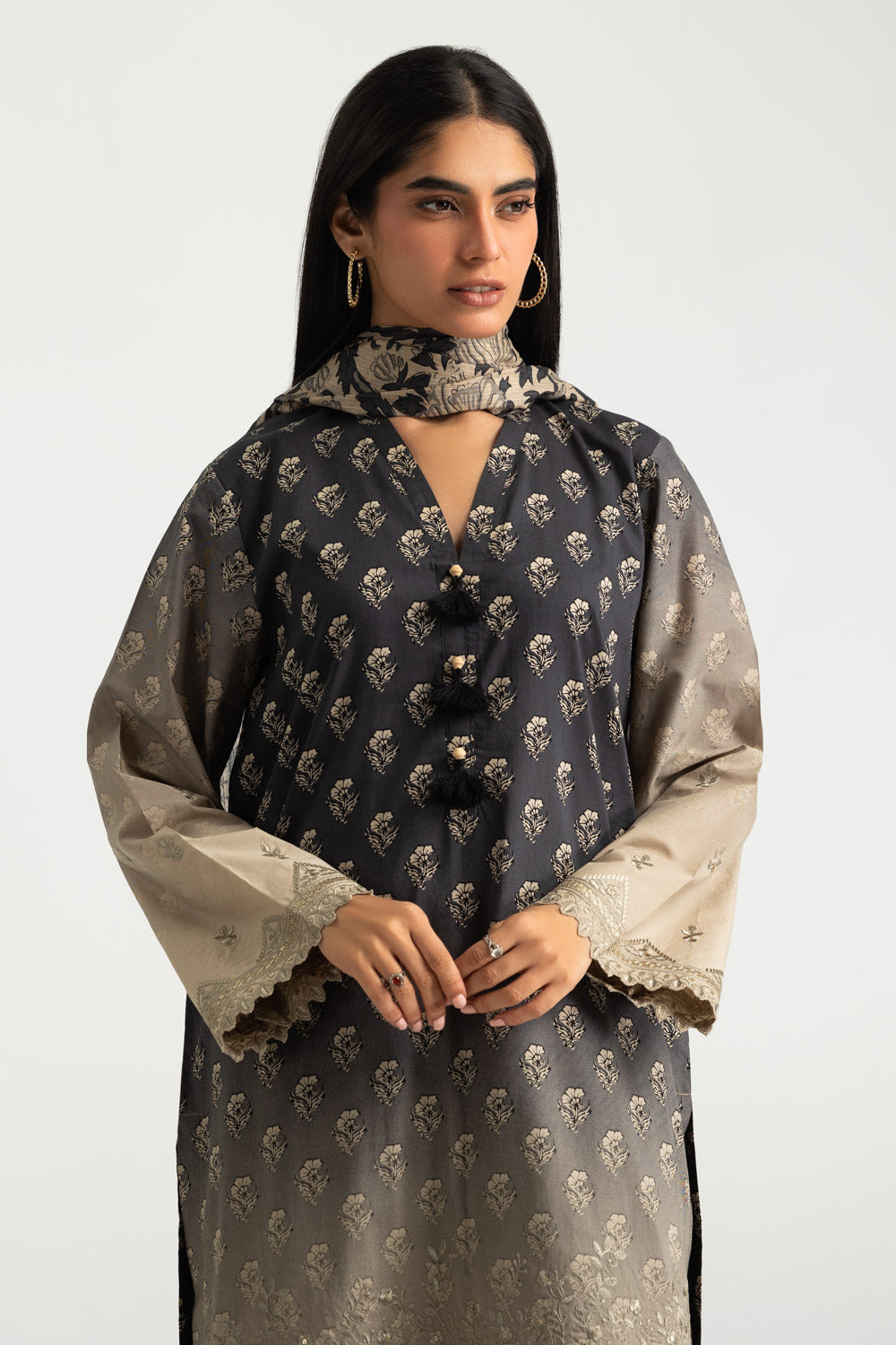 3PC Cotton Printed Suit With Embroidered