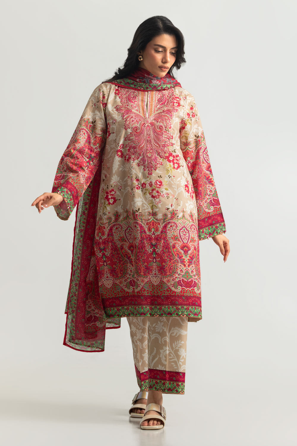 3PC Cotton Printed Suit With Embroidered