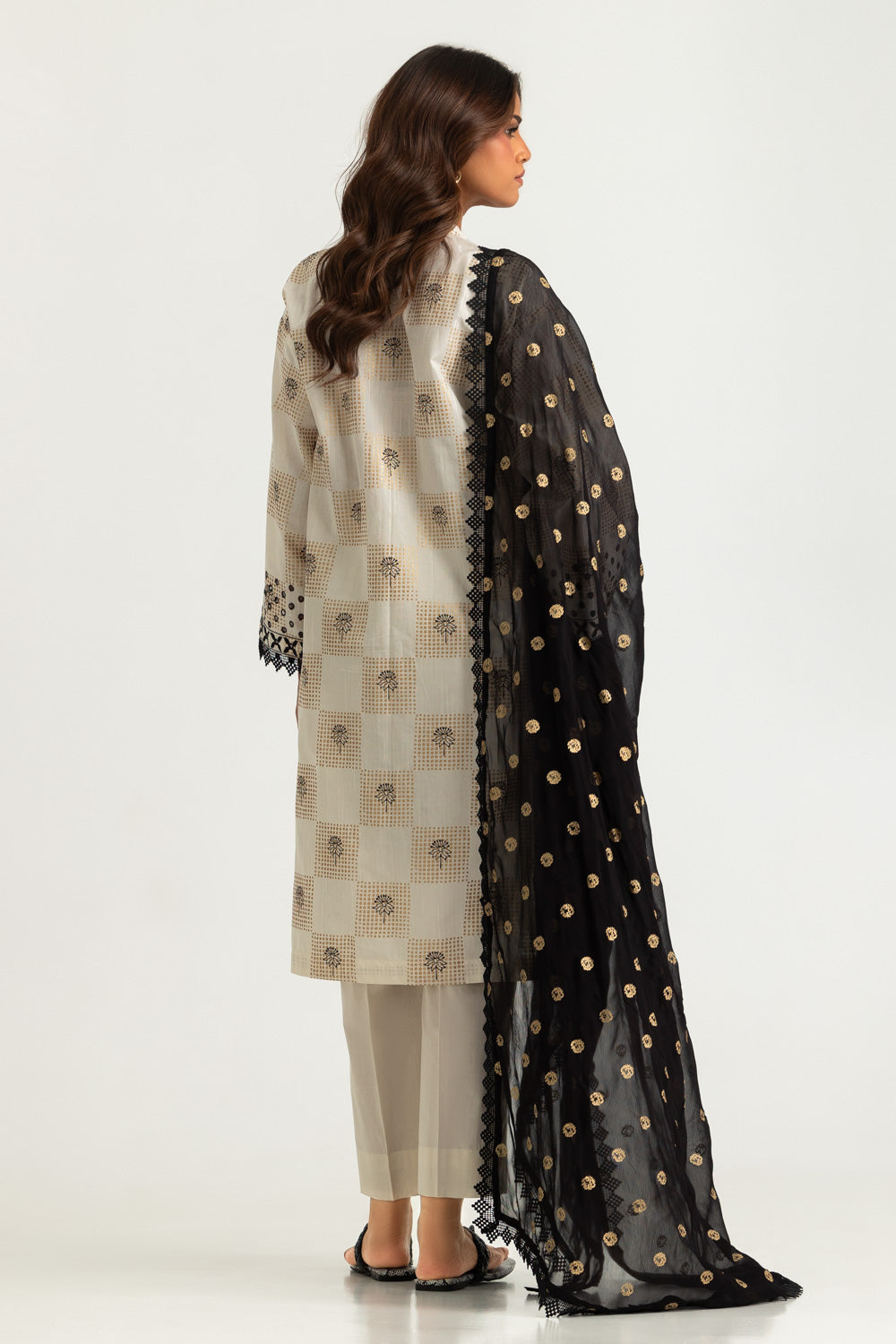 3PC Dobby Slub Gold Printed Embroidered Suit With Gold Printed Chiffon Dupatta