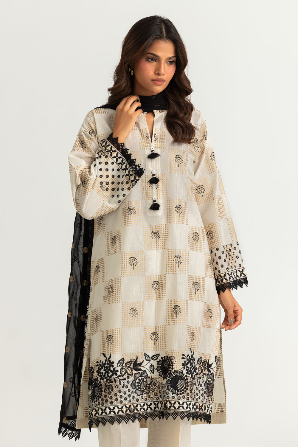 3PC Dobby Slub Gold Printed Embroidered Suit With Gold Printed Chiffon Dupatta