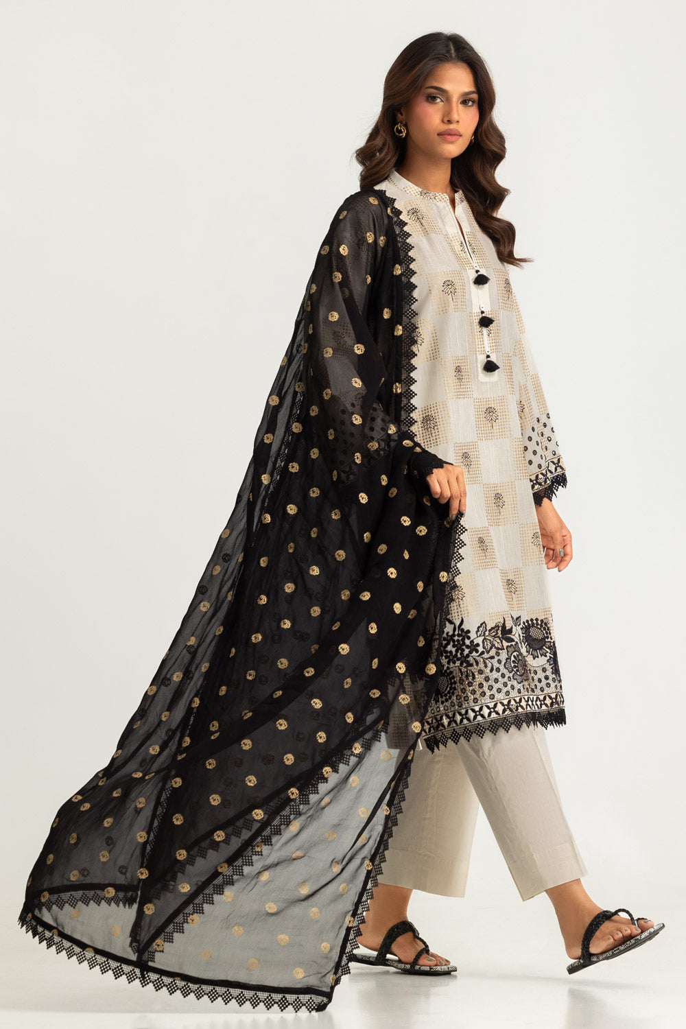 3PC Dobby Slub Gold Printed Embroidered Suit With Gold Printed Chiffon Dupatta