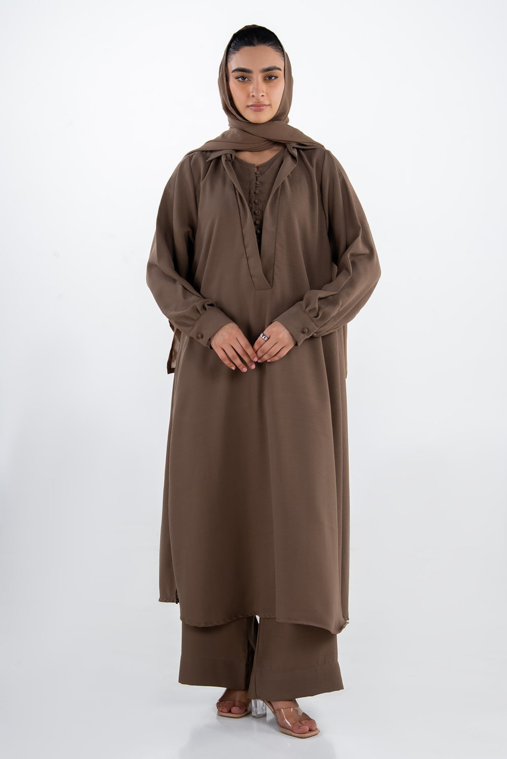3Pc Georgette Slub Abaya And Trouser With Scarf