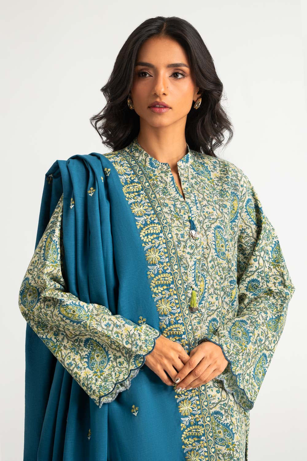3PC Khaddar Printed Suit With Embroidered