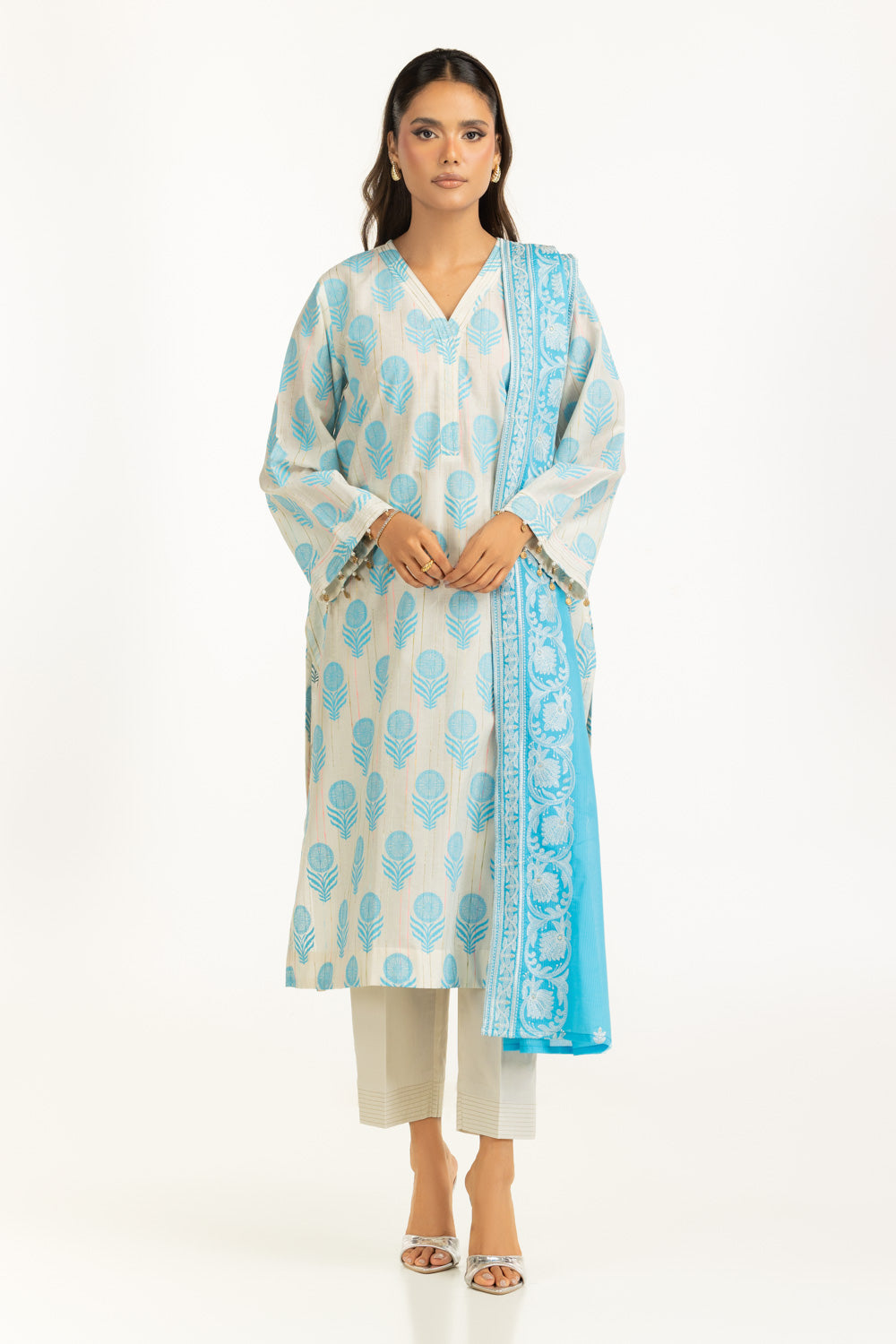 3PC Lacquer Printed Slub Yarn Suit