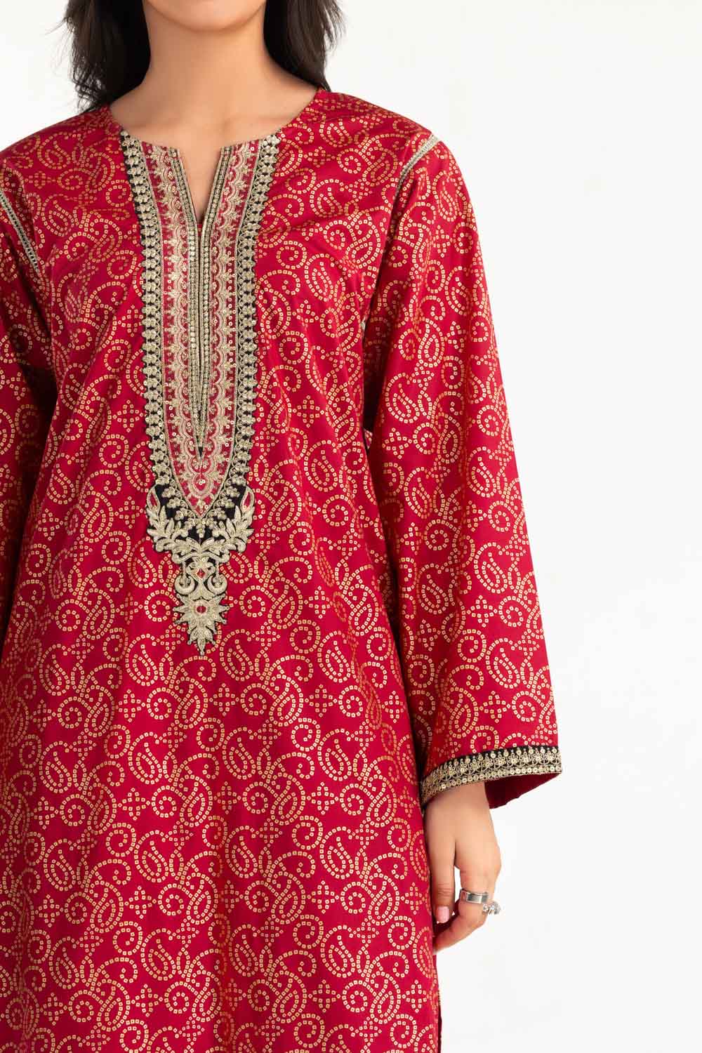 3Pc Lawn Gold Printed Suit With Embroidered