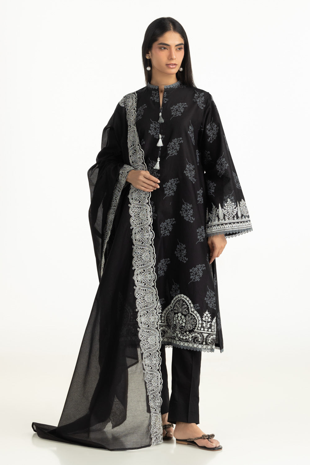 3PC Lawn Lacquer Printed Suit With Embroidered