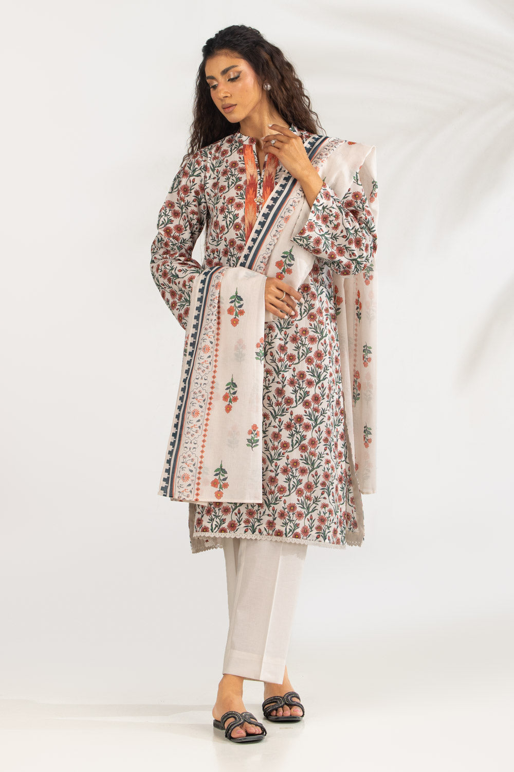 3PC Lawn Printed Suit With Embroidered
