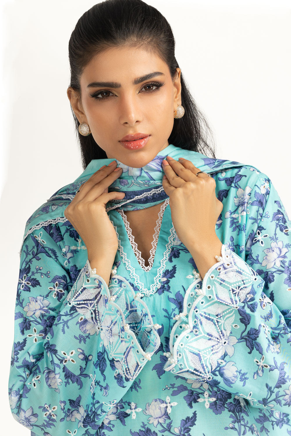 3Pc Lawn Printed Suit With Schiffli Embroiderd