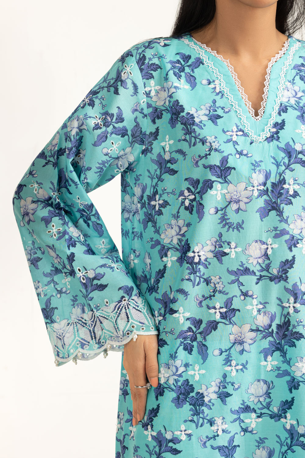 3Pc Lawn Printed Suit With Schiffli Embroiderd