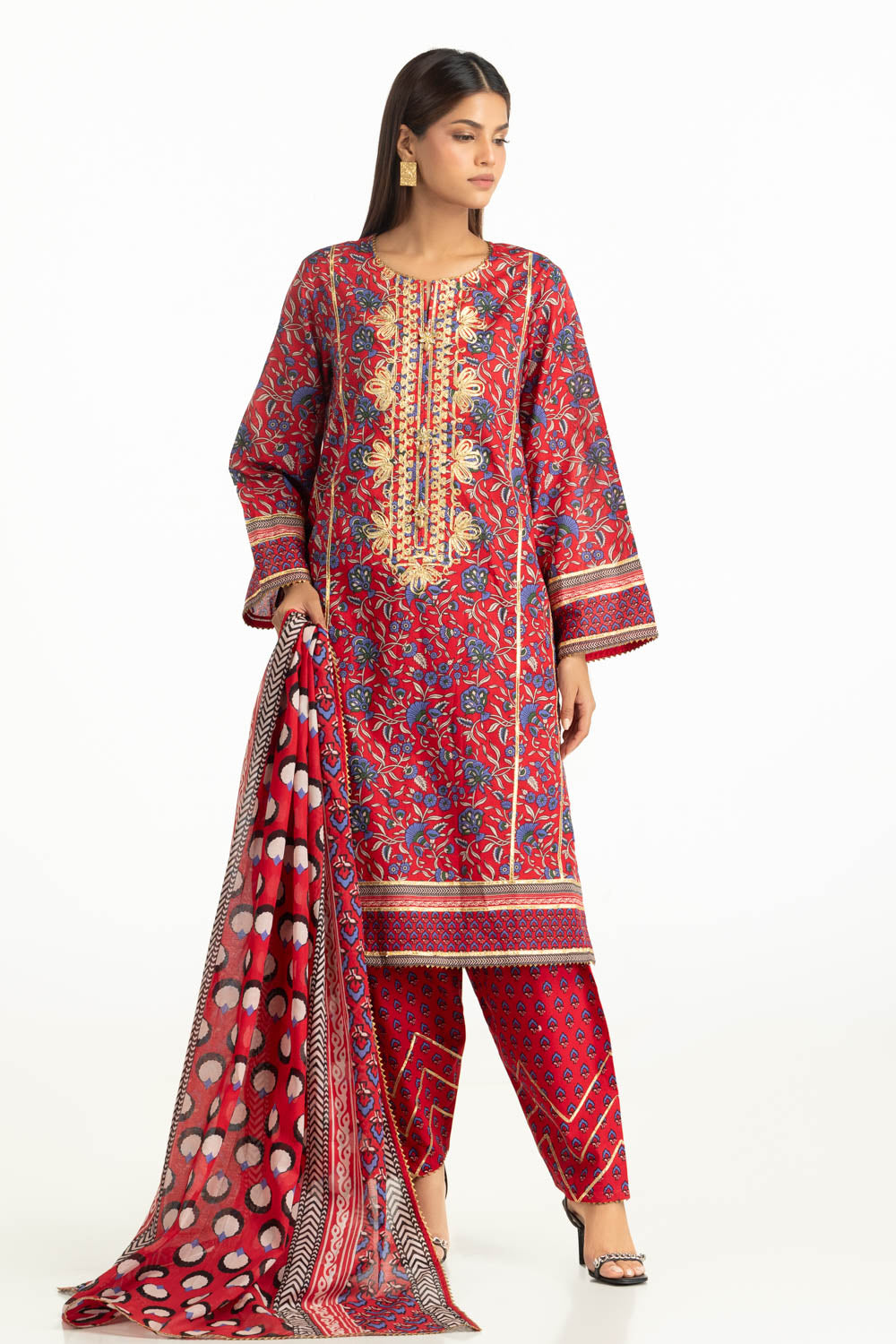 3PC Lawn Printed With Gota Embroidered Suit