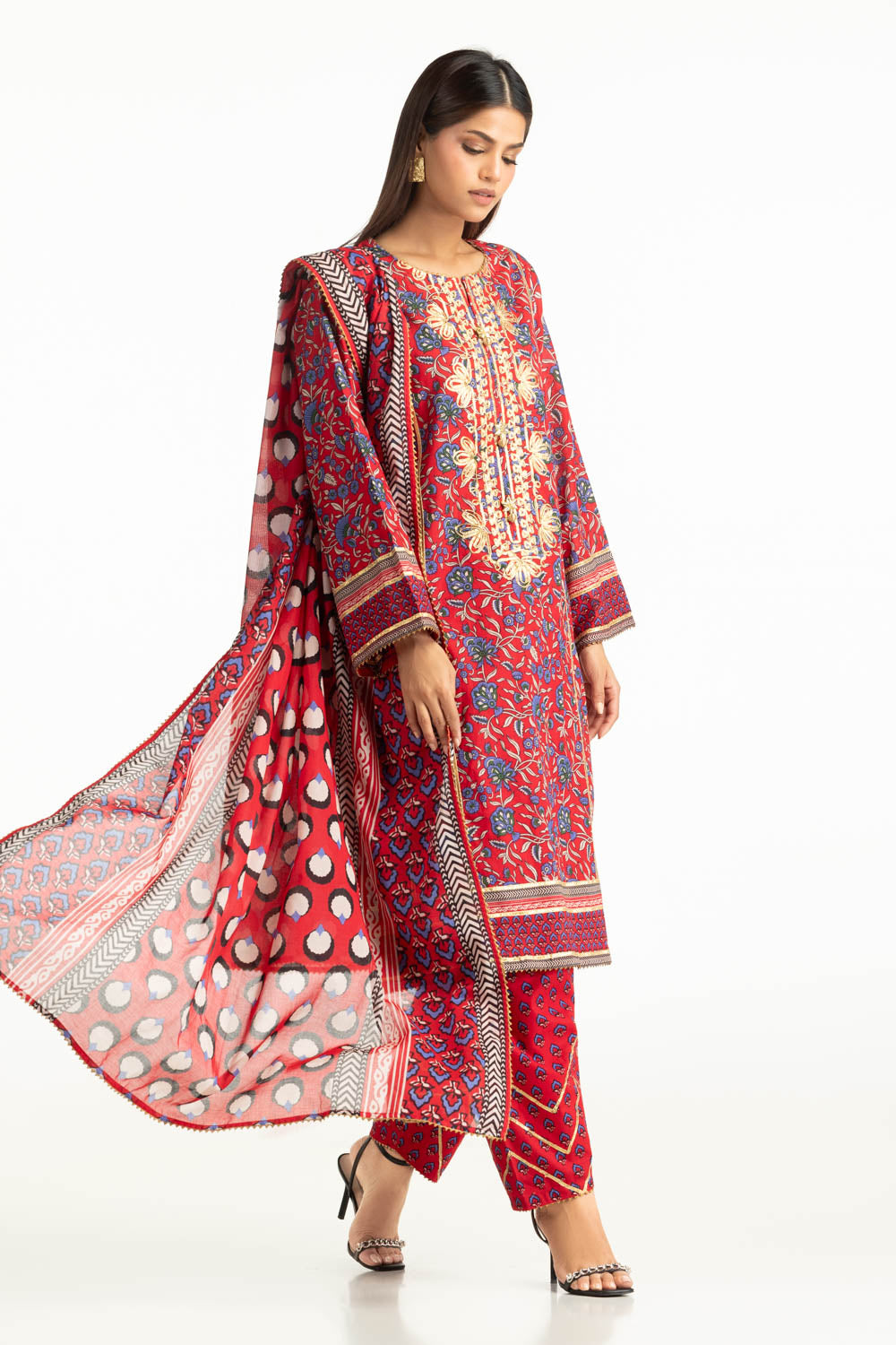 3PC Lawn Printed With Gota Embroidered Suit
