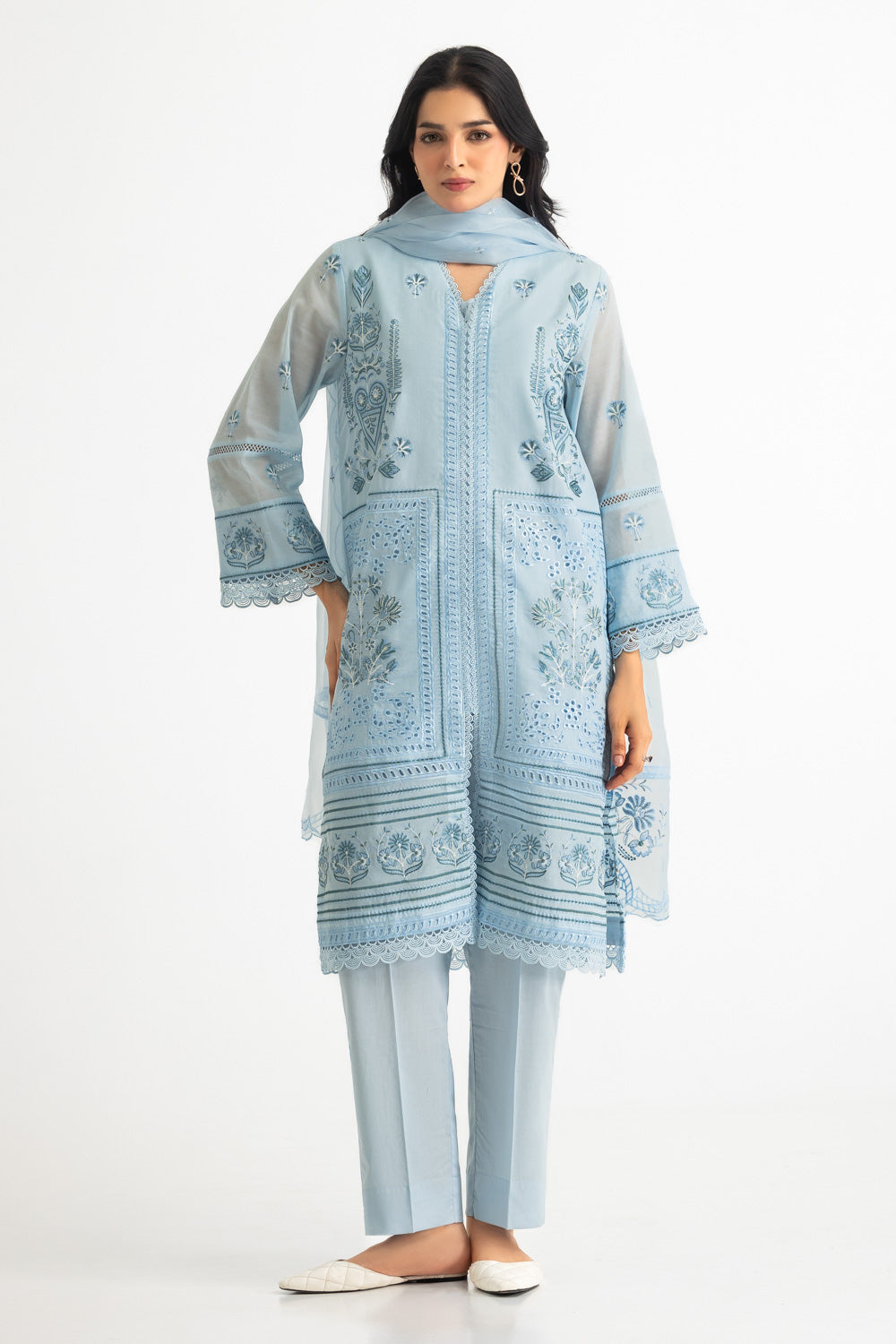 3Pc Paper Cotton Embroidered Suit